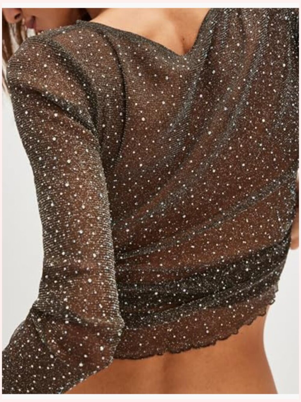 Lace Rhinestone Sparkly See Through Mesh Blouse Long Sleeve Boat Neck Layering - Picture 4 of 7